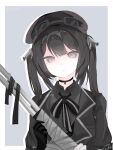  1girl artist_name black_choker black_coat black_dress black_gloves black_hair black_hat black_ribbon border choker closed_mouth coat collared_dress commentary_request dress gloves goggles goggles_on_headwear grey_background grey_eyes gun hair_ornament hat highres korean_commentary kurobe_nanoka long_hair looking_at_viewer mahou_shoujo_no_majo_saiban neck_ribbon ribbon signature simple_background solo sorange0430 twintails upper_body weapon white_border 