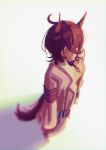  1girl absurdres agnes_tachyon_(tach-nology)_(umamusume) agnes_tachyon_(umamusume) ahoge animal_ears black_necktie breasts brown_hair closed_mouth coat commentary cork hair_between_eyes highres horse_ears horse_girl horse_tail lab_coat long_sleeves mf_woop necktie red_eyes shirt short_necktie simple_background sleeves_past_fingers sleeves_past_wrists solo sweater sweater_vest tail test_tube umamusume white_coat wolf_cut yellow_sweater yellow_sweater_vest 
