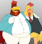 accessory anthro avian bird black_clothing black_jacket black_topwear blazer blue_clothing blue_jacket blue_topwear chicken clothed clothed_anthro clothing collared_shirt dress_shirt duo ernie_the_giant_chicken family_guy foghorn_leghorn galliform hi_res jacket looking_at_another looney_tunes male male/male necktie obese overweight phasianid pt80s0up shirt topwear warner_brothers white_clothing white_shirt white_topwear