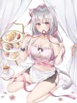  1girl animal_ear_fluff animal_ears apron back_bow bare_arms bare_legs bare_shoulders bell black_collar black_skirt black_wrist_cuffs bow breasts cake camisole cat_ears cat_girl cat_tail cherry_blossoms cleavage closed_mouth collar commentary cup curtains dot_nose earrings flower food frilled_apron frilled_socks frilled_thigh_strap frilled_wrist_cuffs frills fruit full_body grey_hair hair_ribbon holding holding_ribbon jewelry large_breasts light_blush long_hair maid microskirt midriff mouth_hold navel neck_bell o-ring original petals pink_eyes pink_flower pink_ribbon poe_(528yuzunon) ribbon saucer side_slit single_wrist_cuff skirt smile socks solo spaghetti_strap strawberry strawberry_shortcake striped_clothes swiss_roll tail tea teacup thigh_strap thighlet vertical-striped_clothes very_long_hair waist_apron white_apron white_background white_bow white_camisole white_socks wrist_cuffs 