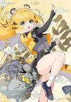  >_< ... 1girl absurdres animal_ear_fluff animal_ears arms_up black_shorts chinese_text claw_pose colored_inner_hair green_eyes grey_shirt hancho high-waist_shorts highres hu_wei_(zenless_zone_zero) jacket ju_fufu jumping long_hair looking_at_viewer multicolored_hair multiple_views open_mouth shirt shorts simple_background spoken_ellipsis striped_fur striped_hair tail thigh_strap tiger_ears tiger_girl tiger_stripes tiger_tail yellow_background yellow_jacket zenless_zone_zero 