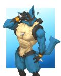 2024 4:5 5_fingers abs absurd_res amber_eyes anthro biceps biped black_body black_claws black_fur black_inner_ear_fluff blue_background blue_body blue_fur blue_inner_ear bodily_fluids border bracelet bracelet_only captainjohkid chest_spike claws countershade_fur countershade_neck countershade_torso countershading deltoids digital_drawing_(artwork) digital_media_(artwork) emanata finger_claws fingers front_view frustration_cloud fur generation_4_pokemon gold_(metal) gold_bracelet gold_jewelry hand_on_own_head hand_spike hi_res inner_ear_fluff jewelry lucario male mouth_closed multicolored_body multicolored_fur muscular muscular_anthro muscular_male nintendo nude nude_anthro nude_male pecs pokemon pokemon_(species) portrait pupils simple_background slit_pupils snout solo spikes spikes_(anatomy) sweat sweaty_face tan_body tan_countershading tan_fur three-quarter_portrait tuft white_border white_sclera