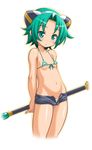  bad_id bad_pixiv_id bikini bikini_top blush breasts covered_nipples denim denim_shorts flat_chest front-tie_top green_eyes green_hair groin higuchi_isami hyourin_no_mahiro navel open_fly shinrabanshou short_hair short_shorts shorts small_breasts solo staff standing striped striped_swimsuit swimsuit underboob unzipped 