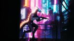 16:9 4k absurd_res anthro black_body blonde_mane blue_eyes blurred_background cyberpunk glowing glowing_eyes gun hi_res holographic laggron_(synth) male mane multicolored_body neon_lights night purple_neon ranged_weapon segmented_neck segmented_tail solo synth_(vader-san) synthpara tail two_tone_body weapon white_body widescreen