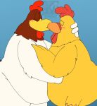 anthro avian belly_to_belly bird blue_background blush chicken duo ernie_the_giant_chicken family_guy foghorn_leghorn galliform hand_behind_head hug kissing looney_tunes male meme obese overweight phasianid pt80s0up simple_background touching_bellies warner_brothers
