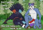 animal_genitalia animal_penis anthro anthro_on_anthro arms_tied ass_up avian avian_feet balls bdsm beak big_penis bird blackneka_(artist) blue_body blue_feathers blue_fur bodily_fluids bondage bound cade_harrow canid canine canine_genitalia canine_penis canis claws clothing corvid corvus_(genus) crouching crow cuff_(restraint) cum degradation dibbo digital_media_(artwork) dominant dominant_male dripping duo english_text erection feathers feet footwear forced forest fur genital_fluids genitals grass green_eyes hair handcuffs hands_behind_back hands_tied hi_res humiliation imminent_sex jack-o'_pose kneeling knot knotted_penis leaking leaking_precum legs_tied licking licking_lips licking_own_lips looking_at_another male male/male male_anthro mammal markings metal_cuffs nature nature_background nude on_ground oscine outside passerine paws penis plant pose precum precum_drip precum_on_ground presenting purple_body raised_tail red_body red_feathers red_genitals red_penis restrained restraints smile sock_fetish socks spread_legs spreader_bar spreading submissive submissive_anthro submissive_male tail tail_feathers talons text toe_claws toes tongue tongue_out tree white_body wings yellow_eyes