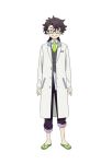  arms_at_sides asymmetrical_bangs bags_under_eyes black-framed_eyewear brown_hair closed_mouth coat commentary_request crazy_eyes flip-flops full_body gender_request glasses green_eyes green_necktie grey_vest invisible_floor lab_coat long_hair long_sleeves low_ponytail mebius_dust necktie no_socks official_art open_clothes open_coat pants ponytail purple_pants sandals semi-rimless_eyewear simple_background smile split_mouth standing straight-on transparent_background under-rim_eyewear vest white_coat wide-eyed yuda_shinri 