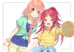  2girls :d arms_behind_back blue_eyes blue_shirt braid braided_ponytail closed_mouth clothes_around_waist commentary_request cowboy_shot eyes_visible_through_hair jinguuji_hikari kamisama_ni_natta_hi kurotea long_hair looking_at_viewer low_side_ponytail multiple_girls narukami_sora open_mouth outstretched_arm pants parted_bangs pink_hair ponytail red_eyes red_hair shirt short_eyebrows short_sleeves side_ponytail sidelocks simple_background smile split_mouth striped_clothes striped_shirt teeth thick_eyebrows upper_teeth_only very_long_hair white_background yellow_pants yellow_shirt 