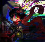  1boy animal animal_ears black_eyes black_hair black_pants blood blood_on_face blue_hoodie blue_scarf chainsaw chibi commentary dark_background dog english_commentary glitch_art hood hoodie j-core looking_at_viewer male_focus matcha_smith ozigiri paint_splatter pants rabbit_ears red_scarf rinnegan scarf short_hair smile solo 