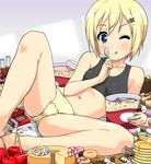  ;q bare_shoulders barefoot blonde_hair blue_eyes blush butter cake cameltoe candy coca-cola doughnut erica_hartmann food hair_ornament hairclip ice_cream k10k lying navel on_side one_eye_closed pancake panties pastry short_hair smile solo spoon spread_legs strike_witches syrup tongue tongue_out underwear world_witches_series yellow_panties 
