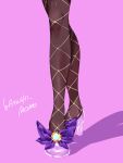  1girl absurdres ankle_ribbon black_pantyhose bow commentary_request feet fine_fabric_emphasis foot_focus footwear_bow godouyu_(neisukun) high_heels highres jacinthe_(pokemon) leg_ribbon legs lower_body out_of_frame pantyhose pink_background pokemon pokemon_legends:_z-a purple_background purple_bow ribbon shiny_clothes shoes simple_background solo standing tiptoes 
