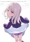  1girl ass back blush breasts clothes_lift commentary_request fate/stay_night fate_(series) illyasviel_von_einzbern kumanomi long_hair long_sleeves looking_at_viewer looking_back panties purple_panties purple_shirt red_eyes shirt shirt_lift skirt smile solo thighs underwear white_hair white_skirt 