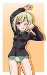  ;q blonde_hair blue_eyes cowboy_shot doku_donguri erica_hartmann military military_uniform one_eye_closed panties short_hair solo stretch strike_witches tongue tongue_out underwear uniform world_witches_series 