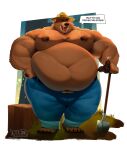 absurd_res anthro barefoot bear belly belly_overhang big_belly big_moobs big_nipples blue_bottomwear blue_clothing blue_jeans blue_pants bodily_fluids bottomwear brown_body brown_fur clothing denim denim_bottomwear denim_clothing digital_media_(artwork) english_text feet front_view fur headgear headwear hi_res jeans male mammal moobs musclegut muscular nipples obese obese_male outside overweight overweight_anthro overweight_male pants plant shovel smokey_bear solo sweat talking_to_viewer text tigertimeworks tools tree tree_trunk united_states_forest_service