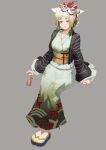  1girl absurdres amsz7702 animal_ears arm_support bag commentary_request fox_ears fox_mask full_body green_eyes grey_background highres holding holding_bag invisible_chair japanese_clothes long_sleeves looking_at_viewer mask mask_on_head miketsu_(onmyoji) onmyoji open_mouth sandals seigaiha sitting solo torii 