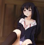  black_eyes black_hair empty_eyes hayashiya_zankurou k-on! long_hair messy_hair nakano_azusa open_clothes open_shirt panties saliva shirt solo spread_legs striped striped_panties twintails underwear 