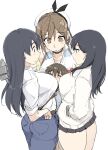  1boy 3girls arato_nagi ass atelier_(series) atelier_ryza atelier_ryza_2 bare_shoulders beret black_hair black_ribbon black_skirt blue_eyes blue_pants blush bow bowtie braid breasts brown_eyes brown_hair closed_eyes collared_shirt commentary_request denim dress_shirt earrings gridman_universe hair_ornament hat highres jeans jewelry large_breasts long_hair long_sleeves miniskirt multiple_girls pants pleated_skirt reisalin_stout ribbon ruri_no_houseki shirt short_hair side_braid sketch skirt ssss.gridman star_(symbol) star_earrings stud_earrings sweater takarada_rikka thighs vest white_hat white_shirt white_sweater yellow_vest zekkyon 