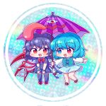  2girls asymmetrical_wings black_dress black_hair black_thighhighs blue_eyes blue_hair blue_skirt blue_vest blue_wings blush border bow bowtie chibi chibi_only commentary dress full_body geta heterochromia highres holding holding_polearm holding_umbrella holding_weapon houjuu_nue kaoling karakasa_obake long_sleeves medium_hair multiple_girls open_mouth polearm purple_umbrella rainbow_background red_bow red_bowtie red_eyes red_shoes red_wings round_border shared_umbrella shirt shoes short_sleeves skirt smile snake tatara_kogasa thighhighs touhou trident umbrella vest weapon white_shirt wings 