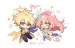  1boy 1girl :o ;o animal asymmetrical_wings black_wings blonde_hair chibi chibi_only chimera_(honkai:_star_rail) commentary cyrene_(demiurge)_(honkai:_star_rail) cyrene_(honkai:_star_rail) dress flower hair_flower hair_ornament holding holding_animal honkai:_star_rail honkai_(series) long_hair mismatched_wings one_eye_closed phainon_(honkai:_star_rail) phainon_(khaslana)_(honkai:_star_rail) pink_hair purple_eyes smile ss_un17 twitter_username untranslatable_commentary veil very_long_hair white_dress white_veil wings yellow_eyes yellow_wings 