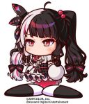  1girl ahoge artist_request black_bow black_dress black_hair black_shoes bow cleavage_cutout clothing_cutout commentary_request copyright_notice crossover dress frilled_dress frills gloves hair_bobbles hair_bow hair_ornament jikkyou_powerful_pro_yakyuu jikkyou_powerful_pro_yakyuu_(style) long_hair lowres multicolored_dress multicolored_hair multicolored_shoes nijisanji no_mouth official_art power_pro_appli rayman_limbs red_eyes red_hair shoes solo tachi-e twintails two-tone_shoes virtual_youtuber white_background white_dress white_gloves white_hair white_shoes yorumi_rena yorumi_rena_(1st_costume) 