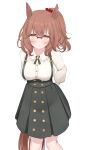  1girl animal_ears aston_machan_(casual)_(umamusume) aston_machan_(umamusume) blush breasts brown_hair casual ceresia8327 closed_mouth commentary_request ear_scrunchie glasses green_eyes green_skirt hair_ornament hair_scrunchie highres horse_ears horse_girl horse_tail large_breasts long_sleeves looking_at_viewer medium_hair one_side_up over-rim_eyewear red-framed_eyewear red_scrunchie scrunchie semi-rimless_eyewear shirt simple_background skirt smile solo suspender_skirt suspenders tail umamusume white_background white_shirt 