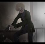 1boy 1other 2025 aiming blonde_hair blood blood_on_clothes blood_on_face blood_on_hand commentary_request green_jacket gun handgun holding holding_gun holding_weapon jacket james_sunderland kuso_500t looking_down monster silent_hill_(series) silent_hill_2 weapon 