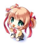 +_+ 1girl :d ahoge aqua_eyes between_legs black_socks blonde_hair blush bow bowtie candy chibi chibi_only commentary eyes_visible_through_hair figure-referenced food full_body grey_skirt hair_between_eyes hair_ornament hair_ribbon hand_between_own_legs hand_up holding holding_candy holding_food holding_lollipop kamikita_komari kneehighs little_busters! little_busters!_school_uniform lollipop long_ribbon looking_at_viewer medium_hair miniskirt no_shoes open_mouth pink_bow pink_bowtie plaid_clothes plaid_skirt pleated_skirt red_ribbon ribbon ryuuka_sane school_uniform shadow sidelocks simple_background sitting skirt sleeves_past_wrists smile socks solo sparkle star_(symbol) star_hair_ornament sweater tareme two_side_up wariza white_background yellow_sweater 