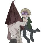  2025 2boys apron blonde_hair commentary_request green_jacket helmet holding jacket james_sunderland kuso_500t motion_lines multiple_boys muscular muscular_male pyramid_head silent_hill_(series) silent_hill_2 simple_background strangling white_background 