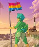 5:6 absurd_res anthro avian backsack balls barely_visible_balls barely_visible_genitalia beach bird blue_body blue_feathers blue_hair bubble_butt butt casual_nudity clothing cloud discarded_clothing dunes feathers flagpole genitals glistening glistening_body glistening_butt grass green_body green_feathers hair hi_res jayheartwing lgbt_pride lgbt_pride_month lighthouse looking_at_viewer looking_back looking_back_at_viewer male nude_anthro nude_beach nude_male nudist only_one_nude pansexual_pride_colors parakeet parrot patrigue plant pride_colors public public_exposure public_nudity raised_tail sea silhouette sky skyscape smile solo sunset swimming_trunks swimwear swimwear_removed tail talon_hands true_parrot water