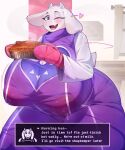 5:6 absurd_res anthro big_breasts biped blush bodily_fluids bovid breasts bunnemilk caprine clothed clothing dialogue dialogue_box english_text female food fur handwear heart_symbol hi_res huge_breasts lactating lactating_through_clothing looking_at_viewer mammal mature_anthro mature_female nipple_outline one_eye_closed open_mouth open_smile oven_mitts pastry pie purple_clothing purple_eyes smile smiling_at_viewer solo tail text toriel undertale_(series) wet wet_clothing white_body wide_hips window wink winking_at_viewer