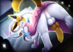 2026 absurd_res animal_genitalia animal_penis anus backsack balls blush bodily_fluids butt canid canine canine_genitalia canine_penis clothing dress eeveelution erection feral generation_6_pokemon genital_fluids genitals hi_res knot looking_at_viewer looking_back male mammal nintendo penis pokemon pokemon_(species) precum presenting presenting_hindquarters public raised_tail rear_view solo stage sylveon tail thick_thighs visionaryserpent
