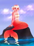 2019 5_fingers absurd_res aquatic bandage bandaged_chest bangs blue_sky blush breasts cloud colored day digital_drawing_(artwork) digital_media_(artwork) ear_fins eyelashes female female_humanoid fin fingers freckled_face freckles hair hi_res honey-kat humanoid koral_(honey-kat) lidded_eyes light lighting lips long_hair merfolk mouth_closed multicolored_body multicolored_hair multicolored_skin notched_fin on_rock partially_submerged pink_body pink_hair pink_lips pink_skin red_eyes red_tail_fin rock sea shaded sitting sitting_on_rock sky small_breasts split_form straight_arm tail tail_fin two_tone_hair water white_hair white_sclera