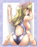  against_wall ass barefoot breasts competition_swimsuit feet gradient_hair highres hijiri_byakuren large_breasts long_hair looking_back multicolored_hair one-piece_swimsuit sideboob solo swimsuit touhou yellow_eyes yoshi_tama 