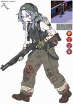  1girl ammunition artist_name backpack backwards_hat bag baseball_bat black_tank_top blackd09 blood blood_on_clothes blood_on_face boots brown_boots clock commentary finger_on_trigger fingerless_gloves game_screenshot_inset gameplay_mechanics gloves grey_hair gun hat headset highres loose_pants multicolored_hair optical_sight project_zomboid pump_action screenshot_inset shotgun shotgun_shell signature sleeveless sleeveless_turtleneck solo spas-12 suspenders sweat tank_top temperature turtleneck untranslatable_commentary weapon white_background white_hair 