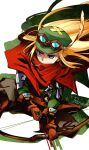  1boy blonde_hair boots bow_(weapon) chicken_curry commentary covered_mouth english_text gloves goggles goggles_on_head hat_feather highres holding holding_bow_(weapon) holding_weapon long_hair ranger_(sekaiju) ranger_1_(sekaiju) red_scarf scarf sekaiju_no_meikyuu sekaiju_no_meikyuu_1 tsurime untranslatable_commentary weapon 