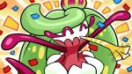  ^_^ celebrate_(pokemon) closed_eyes commentary confetti english_commentary eyelashes long_eyelashes motion_lines notice_lines outline outstretched_arms party_horn pokemon pokemon_(creature) pokemon_focus pokemon_move scarzig solo spread_arms tsareena video_thumbnail yellow_background youtube_video_thumbnail 
