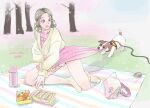  1boy animal_pulling_clothes animal_request artist_name bag bento blush brown_cardigan bulge cardigan cherry_blossoms clothes_pull commentary_request crossdressing crossdressing_(mtf) dated dog dress dress_pull dress_tug flower food fruit full_body grass grey_eyes grey_hair hair_flower hair_ornament hanami kneeling leash lemicon long_sleeves looking_at_animal male_focus no_shoes open_mouth original outdoors panties panty_bulge pantyshot parted_hair picnic picnic_blanket pink_dress puffy_long_sleeves puffy_sleeves pulling_another's_clothes sandwich see-through_clothes see-through_socks socks solo surprised trap tree turning_head underwear 