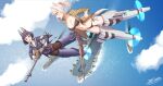  2girls aircraft_carrier animal_ears artist_request black_hair black_panties black_pantyhose black_sailor_collar blonde_hair blue_jacket breasts brown_jacket browning_m1919 cloud cloudy_sky commentary_request flying gun highres holding holding_gun holding_weapon jacket light_machine_gun long_hair looking_at_another m1918_bar machine_gun military_vehicle multiple_girls no_pants ocean open_clothes open_mouth original outdoors panties pantyhose sailor_collar second-party_source ship short_hair sky striker_unit tail underwear warship watercraft weapon world_witches_series 
