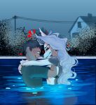 absurd_res anthro arms_around_neck arms_around_partner biped black_bra black_clothing black_eyebrows black_underwear blue_sky bra breasts brown_body brown_ears brown_inner_ear brown_lips brown_nose brown_skin building canid canid_demon canine canon_x_oc claws clothed clothed_anthro clothed_female clothed_human clothed_male clothing cloud cloudy_sky colored demon detailed_background digital_drawing_(artwork) digital_media_(artwork) duo ear_piercing ear_ring english_description eye_contact eyebrow_piercing eyebrow_ring eyebrow_through_hair eyebrows eyelashes eyeshadow facial_piercing female female_anthro female_on_human finger_claws fingernails fingers fur gradient_sky green_clothing green_shirt green_t-shirt green_topwear grey_body grey_claws grey_ears grey_eyes grey_eyeshadow grey_fur grey_hair grey_lips grey_nose grey_sky grin hair hand_on_cheek heart_symbol hearts_around_head hellaverse hellhound helluva_boss hi_res house human human_on_anthro in_pool interspecies iris lips long_hair looking_at_another looking_at_partner loona_(helluva_boss) makeup male male/female male_human male_on_anthro mammal medium_breasts monotone_body monotone_bra monotone_clothing monotone_hair monotone_shirt monotone_skin monotone_t-shirt monotone_topwear monotone_underwear multicolored_body multicolored_fur multicolored_sky myboscha mythological_canine mythological_creature mythology nails outside partially_submerged piercing plant pointy_ears power_line power_lines prick_ears red_sclera ring_piercing romantic romantic_couple shaded sharp_teeth shirt short_hair shrub side_view sky smile smiling_at_another smiling_at_partner snout t-shirt teeth topwear translucent translucent_hair two_tone_body two_tone_fur underwear utility_pole water white_body white_eyes white_fur white_inner_ear white_sclera