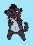 2019 3:4 alternate_species animal_crossing anthro arms_bent badger bangs black_body black_eyebrows black_fur black_hair black_tail blue_background blue_clothing blue_shirt blue_topwear bottomless bottomless_anthro bottomless_male button_(fastener) cel_shading clock clothed clothed_anthro clothed_male clothing colored crossover david_king_(dead_by_daylight) dead_by_daylight digital_drawing_(artwork) digital_media_(artwork) dot_eyes english_description eye_scar eyebrows facial_scar fangs featureless_crotch featureless_limbs fluffy fluffy_tail front_view full-length_portrait fur furrification grey_dress_shirt grey_nose hair honey_badger light lighting looking_at_viewer lunareel male male_anthro mammal multicolored_hair mustelid musteline nintendo open_clothing open_mouth open_shirt open_smile open_topwear portrait red_scar scar shaded shirt short_hair simple_background simple_eyes smile smiling_at_viewer solo tail teeth topwear two_tone_hair two_tone_tail watch white_eyes white_hair wristwatch