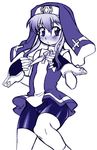  bike_shorts blush bridget_(guilty_gear) cross embarrassed fingerless_gloves gloves guilty_gear hat long_hair male_focus monochrome nakagami_takashi nun otoko_no_ko ribbon shiny shiny_clothes simple_background sketch sleeveless socks solo standing turtleneck wrist_cuffs 