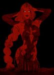  1girl arms_behind_head baldur's_gate baldur's_gate_3 black_background black_lips black_sclera blood braid closed_mouth colored_sclera commentary cowboy_shot dungeons_&amp;_dragons glowing glowing_eyes horror_(theme) long_hair looking_ahead looking_at_viewer missamethysa no_pupils orin_the_red red_theme simple_background single_braid solo white_eyes 
