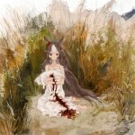  1girl absurdres animal animal_ears baby_animal barefoot blood blood_on_clothes blood_trail brown_hair closed_mouth dead_animal death dot_nose dress ear_ornament ear_scrunchie facing_viewer goat grass highres holding holding_animal horse_ears horse_girl horse_tail light_blush low_twintails multicolored_hair on_ground outdoors pineconete red_scrunchie scrunchie sitting solo streaked_hair sundress tail tall_grass twintails umamusume white_dress white_streaks yamanin_zephyr_(umamusume) yellow_eyes yokozuwari 