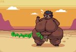 2023 anthro belly big_breasts black_hair bodily_fluids bottomwear breasts brown_body brown_fur clothed clothing desert digital_media_(artwork) embarrassed featureless_breasts female flying_sweatdrops footprint fur hair huge_breasts huge_hips huge_thighs hungry jellybru loincloth loincloth_only looking_at_self magdalene_(jellybru) mammal navel obese obese_anthro obese_female onomatopoeia outside overweight overweight_anthro overweight_female pixel_(artwork) rumbling_stomach sand sky solo sound_effects standing suid suine sus_(pig) sweat sweatdrop text thick_thighs topless topless_female tusks wide_hips wild_boar