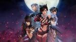  1girl 3boys 3d angeal_hewley angeal_hewley_(garb_of_the_worthy) animal_ears armor bare_shoulders bikini_armor black_coat black_hair black_headband blue_eyes breasts chain claw_(weapon) claws cleavage clothing_cutout coat cowboy_shot crop_top facial_mark fenrir_(ff7) final_fantasy final_fantasy_vii final_fantasy_vii:_ever_crisis fingerless_gloves from_side full_moon fur-trimmed_vest fur_trim gloves gold_armor grey_hair grey_scarf grey_vest hair_between_eyes hair_ornament hair_slicked_back headband highres large_breasts laurel_crown long_coat long_hair looking_at_viewer looking_to_the_side midriff moon multiple_boys navel night official_alternate_costume official_art official_wallpaper outdoors outstretched_hand pectorals plunging_neckline red_eyes scarf sephiroth sephiroth_(cape_of_the_worthy) sephiroth_(ever_crisis) short_hair short_sleeves shoulder_armor snake_hair_ornament square_enix thighhighs tifa_lockhart tifa_lockhart_(armor_of_the_worthy) torn_clothes torn_thighhighs upper_body vest vincent_valentine vincent_valentine_(coat_of_the_worthy) waist_cape weapon wolf_ears 