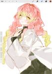  1girl art_program_in_frame belt black_jacket black_skirt braid chinese_commentary closed_mouth commentary_request cowboy_shot demon_slayer_uniform gradient_hair green_eyes green_hair hand_on_own_chest haori highres jacket japanese_clothes kanroji_mitsuri kimetsu_no_yaiba long_hair long_sleeves looking_at_viewer mole mole_under_each_eye mole_under_eye multicolored_hair multiple_braids multiple_moles pink_hair pleated_skirt simple_background single_hair_intake skirt smile solo tri_braids two-tone_hair white_background white_belt white_haori yoru_(yorusumire) 