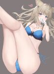  1girl alternate_costume arknights arknights:_endfield blue_bra blue_eyes blue_panties blush bra breasts brown_hair collarbone commentary covered_mouth gloves grey_background heart highres legs_up long_hair looking_at_viewer medium_breasts panties perlica_(arknights) side-tie_panties simple_background solo tu_(to_sse) underwear underwear_only white_gloves 