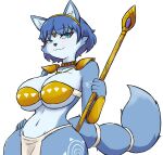 2026 absurd_res accessory anthro bandeau big_breasts blue_body blue_fur blue_hair bottomwear breasts canid canine choker circlet clothing collarbone curvy_figure eyebrow_through_hair eyebrows eyelashes female fox fur hair hair_accessory hairband hand_on_hip hi_res hourglass_figure in2naps inner_ear_fluff jewelry krystal's_staff krystal_(star_fox) loincloth mammal markings navel necklace nintendo shoulder_guards solo staff star_fox teal_eyes thick_thighs topwear translucent translucent_hair tribal tribal_markings tuft under_boob voluptuous voluptuous_anthro voluptuous_female white_body white_fur wide_hips