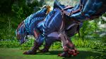 16:9 2026 3d_(artwork) 4k absurd_res ambiguous_gender armor big_butt blender_(artwork) blender_cycles_(artwork) blue_body blue_scales butt capcom claws clothed clothed_feral clothing detailed_background digital_media_(artwork) fanged_wyvern fangs featureless_crotch feet female_(lore) feral flower foot_focus grass headgear hi_res ivorylagiacrus looking_at_viewer looking_back looking_back_at_viewer lunagaron monster_hunter monster_hunter_stories monster_hunter_stories_3:_twisted_reflection mount open_mouth outside pawpads paws plant presenting presenting_hindquarters pubic_boot raised_leg raised_tail red_claws red_fangs saddle scales scalie solo straps suggestive suggestive_pose tail teeth thick_thighs toe_claws tree unconvincing_armor widescreen yellow_eyes