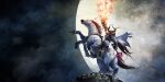  1boy 3d arm_up armor cape cliff fake_horns final_fantasy final_fantasy_vii final_fantasy_vii:_ever_crisis full_armor full_body full_moon glowing glowing_eyes helmet highres holding holding_sword holding_weapon horned_helmet horns horse horseback_riding male_focus moon night odin_(final_fantasy) official_art official_wallpaper outdoors rearing red_eyes riding sleipnir_(final_fantasy) square_enix sword weapon 